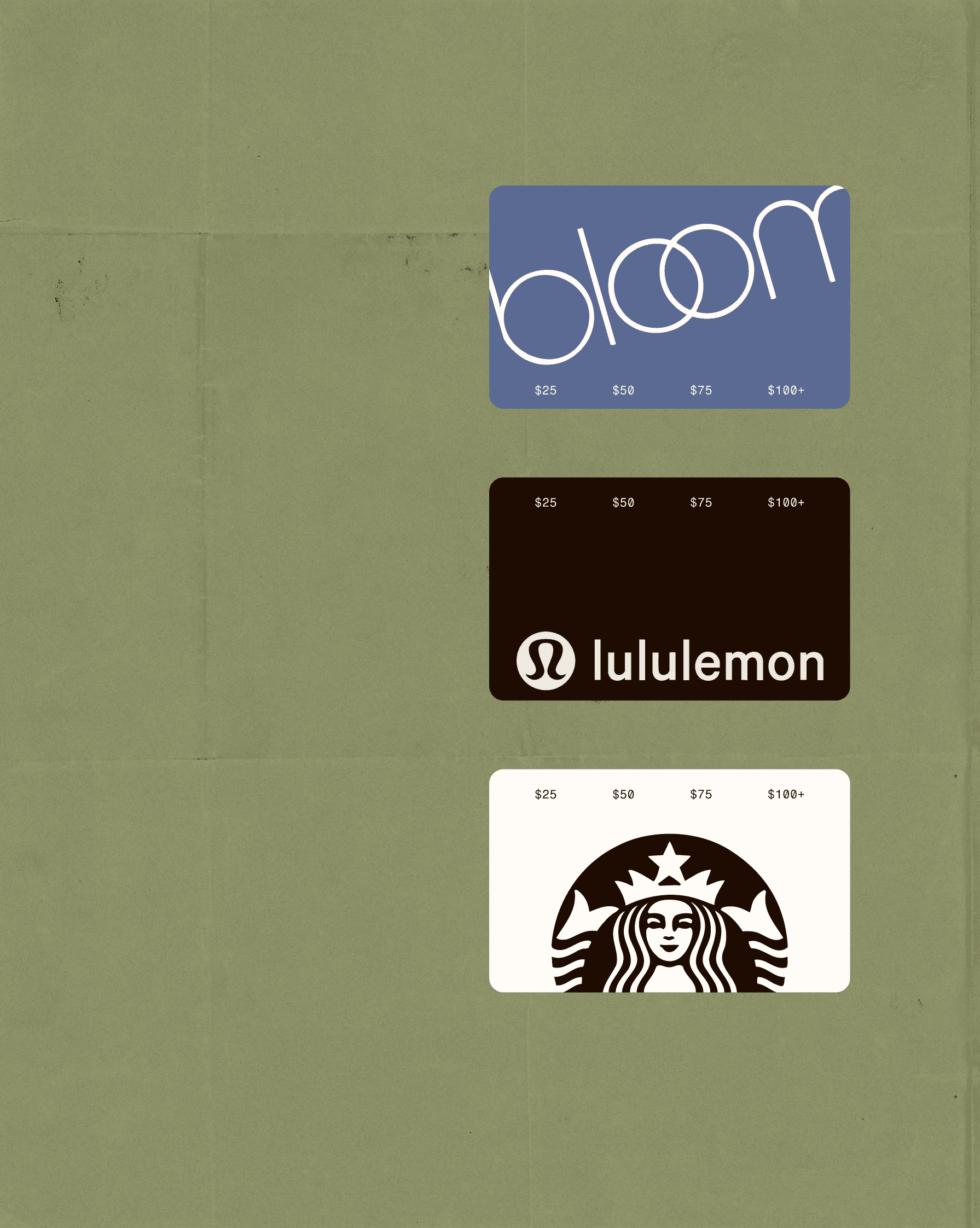 A wall of gift cards from Givingli's 300+ brand partners
